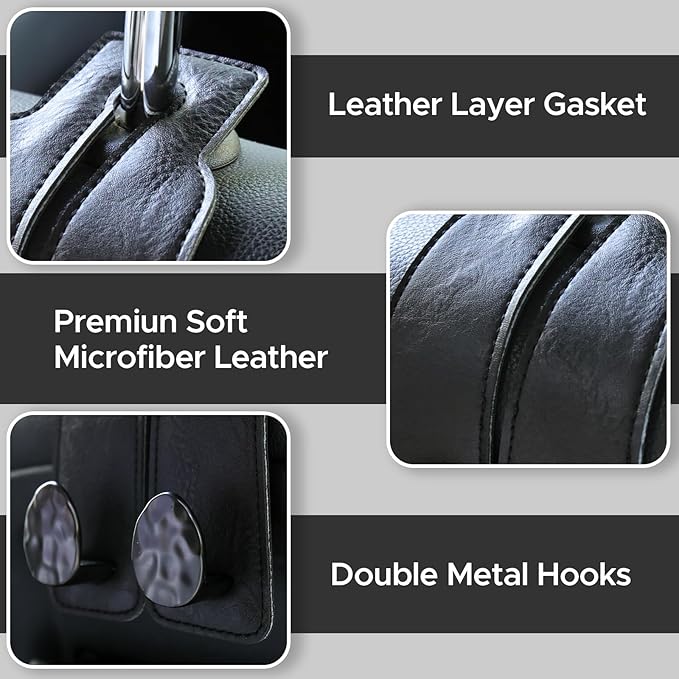 URIZZD 4 PCS Leather Car Seat Hooks for Headrest, Vehicle Hanger Storage Organizer Universal for Handbag Purse, Car Accessories Gift (Black-Black-4 PCS)