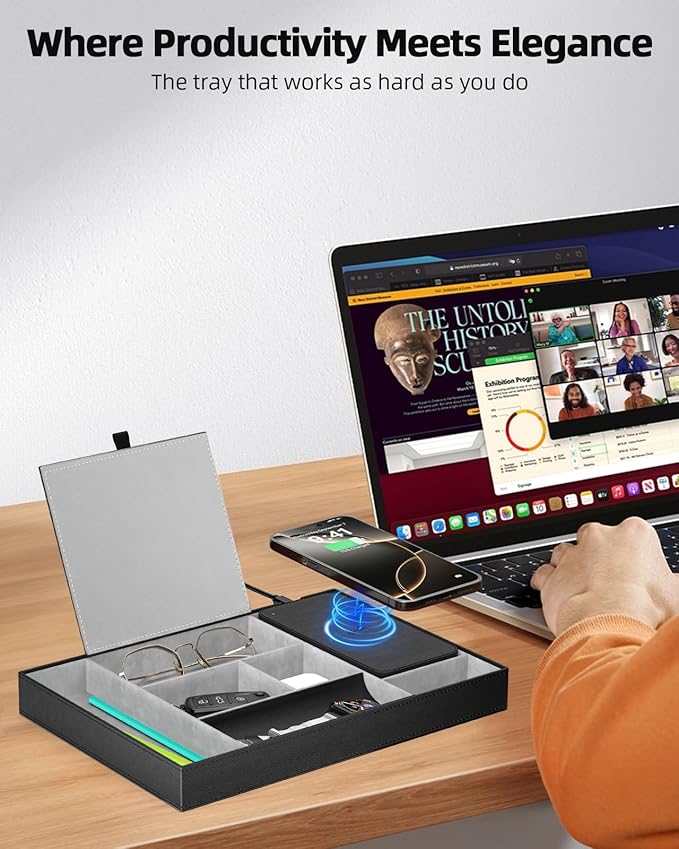 Valet Tray with Wireless Charger, Nightstand Organizer, Leather Desk Drawer Organizer Tray with 7 Compartments for Jewelries, Watch, Key, Wallet, Phone, Black