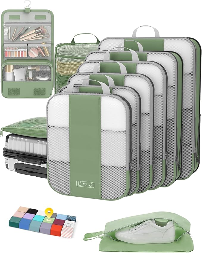 10-Piece Compression Packing Cube Set for Travel Essentials, Compressible and Expandable Packing Cubes for Suitcases, OlarHike Luggage Organizer Bags for Travel, Handy Helper for Organizing Clothes (Matcha Green)