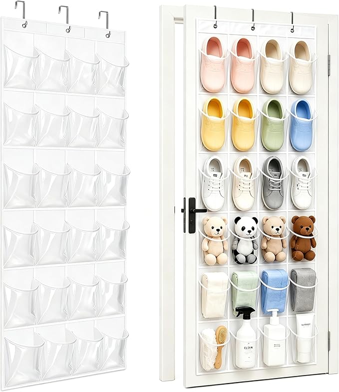 Over the Door Shoe Organizer with 24 Crystal Clear Pockets and Metal Hooks – Heavy Duty Hanging Shoe Storage Rack for Closet, Bathroom, Dorm – Space Saving for Shoes, Accessories, Toys (White)