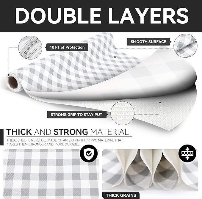 RAY STAR Shelf Liners 20 Inch X 6 Ft for Kitchen Cabinets Non-Adhesive, Cabinet Liners for Shelves Waterproof Easy Trim Non Slip Grip Bottom Drawer Pantry Liner Gingham Checkered Grey