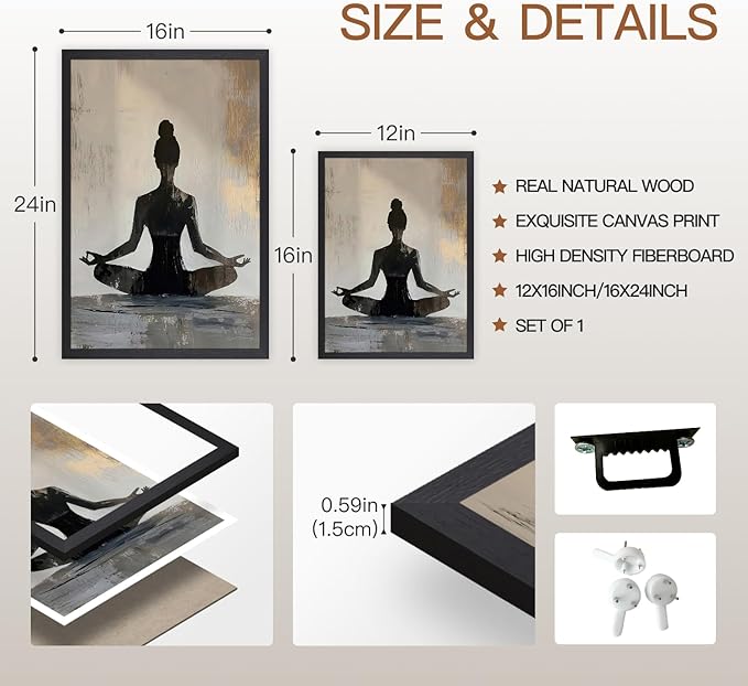 GELDSTEI Wood Framed Zen Wall Art, Modern Yoga Girl Canvas Painting, Tranquil Meditation Wall Decor, Spiritual Aesthetic Picture, Calming Mindfulness Poster Prints for Living Room Spa Yoga 16"x24"