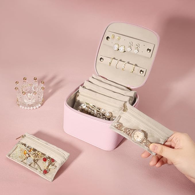 DesignSter Small Jewelry Box, Travel Small Jewelry Organizer with Earring Tray and Ring Holder, Square Travel Jewelry Storage Case with 6 Velvet Jewelry Pouches, Pink