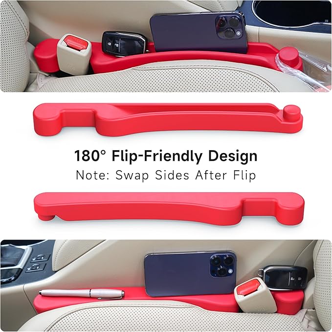 Car Seat Gap Filler Set of 2, 3IN1 Seat Side Gap Filler Plug with Storage Slot & Hook Function, Soft Foam Universal Fit Car SUV Truck Fill Gap Between Seats Console Organizer (Narrow Red)