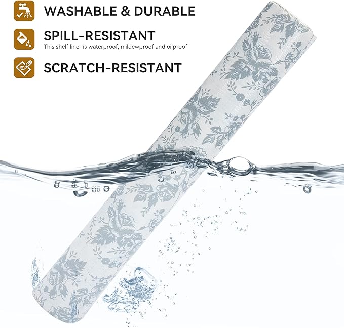 RAY STAR Shelf Liner, Non Adhesive Silver Floral Kitchen Cabinet Liner for Pantry Drawer Vanity, Strong Grip Non Slip Waterproof, Shelf Liners for Kitchen Cabinets Cupboard 12 Inch x 10 FT (2 Rolls)