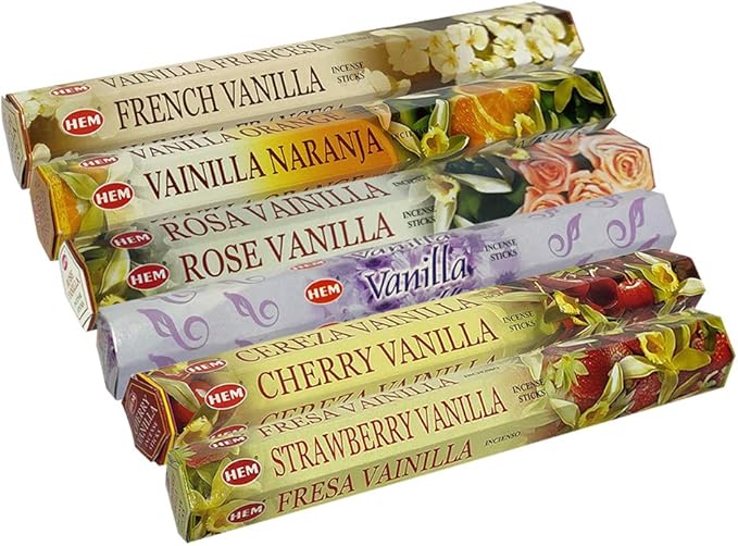 Hem Incense Sticks Variety Pack #18 and Incense Stick Holder Bundle with 6 Vanilla Fragrances