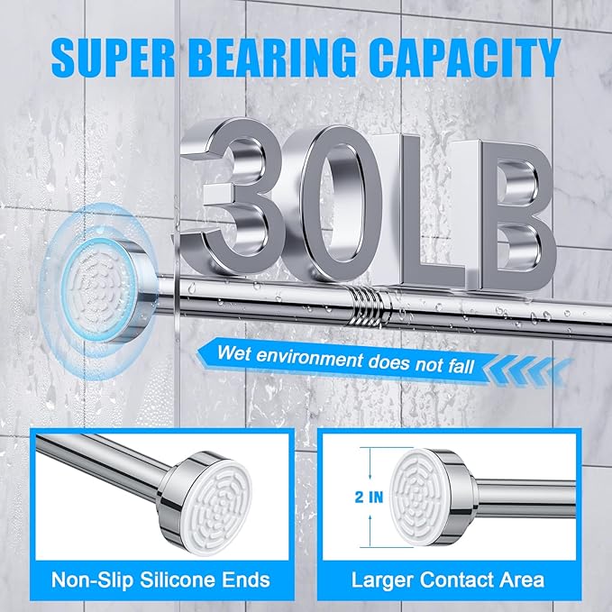 TEECK Shower Curtain Rod, 32-68 inch Adjustable Spring Tension Curtain Rod, Never Rust Anti-Slip Shower Curtain Rod for Bathroom, No Drilling, Never Collapse, Easy to Use, Silver