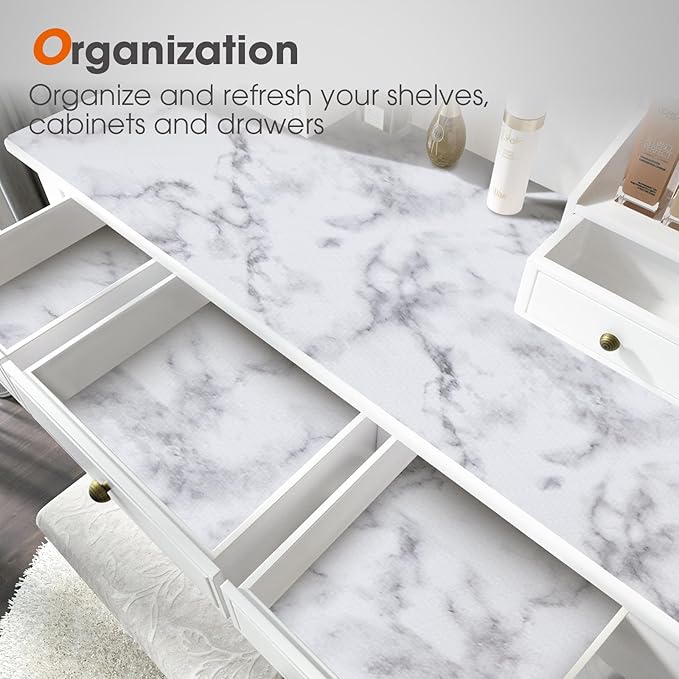 Drawer and Shelf Liner, Non-Slip Kitchen Cabinet Liners Non-Adhesive Thick Strong Grip Waterproof Washable Mats Protect Dresser Shelves Cupboard Bathroom Cabinets, White Marble, 24 in X 20 FT