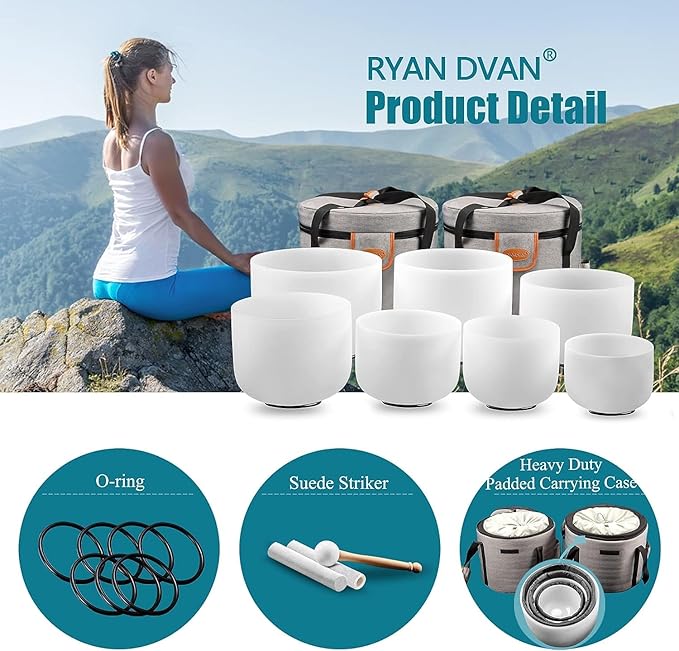 RYAN DVAN 432 hz 7-12 Inch Set of 7 Chakra Symbol Design Frosted Quartz Crystal Singing Bowl Set with Free 2 pcs Carrying Case