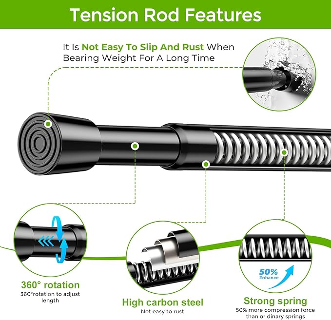Spring Tension Rods 26-39 Inches Adjustable Black No Drill Spring Loaded Curtain Rod Small Short Tension Curtain Rod Expandable Tension Rod for Windows, Kitchen, Doorway, Bathroom, Cupboard Bars