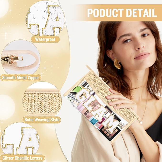 Boho Clear Makeup Letter Patch Makeup Bag GLAM Pouch, Clear Toiletry Bags Travel Small Cute Chenille Letter Cosmetic Zipper Pouch Purse, Transparent PVC Waterproof Make Up Storage for Women Girl (GLAM)