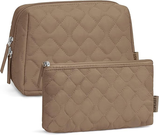 TOPEAST Christmas Gifts for Women Girls - 2Pcs Makeup Bag Small Cosmetic Travel Bag Purse, Waterproof Puffy Toiletry Organizer, Portable Open Flat Make Up Pouch, Brown