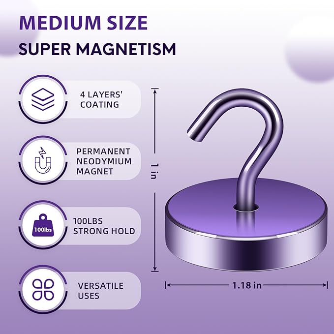 Neosmuk Magnetic Hooks, Cruise Ship Essentials, 100lb+ Heavy Duty Magnetic Hooks for Cruise Cabins, Refrigerator, Grill, Hanging, and Travel | Extra Strong Must-Haves Magnet Hook,Purple, 5 Pack