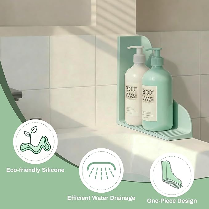 Roslim No-Adhesive 2-Pack All-Silicone Shower Splash Guard with Strong Suction Cups, Reusable Bath Tub Corner Water Blocker for Secure Seal，Keep Water in Shower or Bath, One-Piece Design, Mint Green