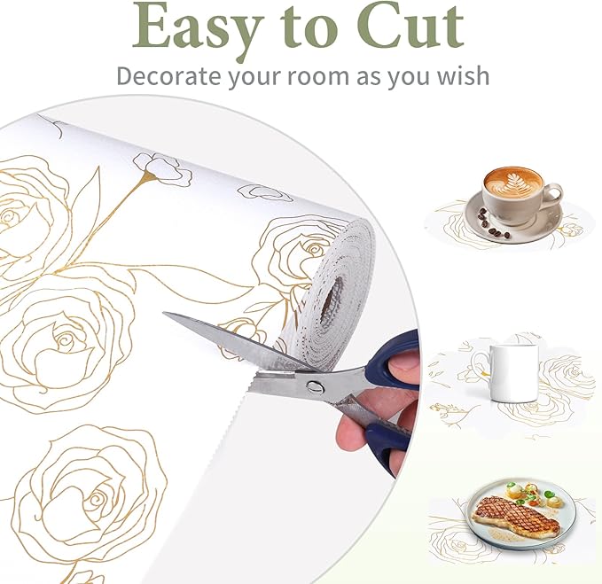 Shelf Liners for Kitchen Cabinets 17.5in x 20FT Non-Adhesive Drawer Liner Gold Floral Thickened Shelf Liner Paper Strong Non-Slip Easy to Clean for Tool Box Refrigerator with Knife and Tape Measure