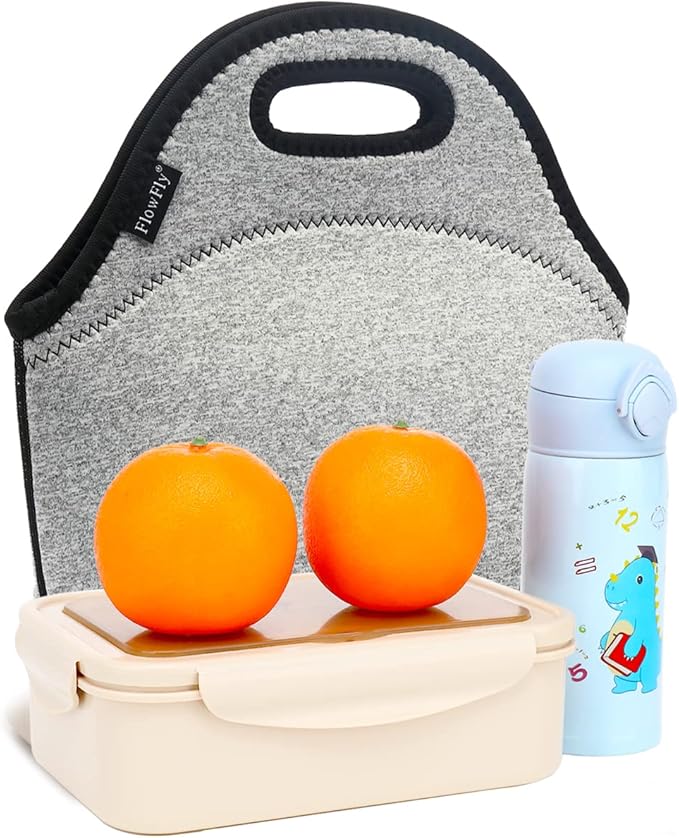 FlowFly Neoprene Kids Lunch Box Insulated Soft Bag Mini Cooler Thermal Meal Tote Kit for Boys, Girls, Men, Women, School, Work, Office, Grey