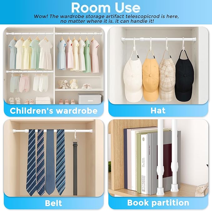 Tension Curtain Rod 8-12.5 inch Small Tension Rods White Adjustable Spring Tension Curtain Rods 6PCS Mini Curtain Rod Short for Cupboard Closet Rod Kitchen Drawers No Drill Cupboard Cabinets