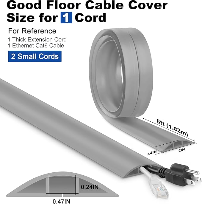 LZEOY Floor Cord Cover - 6FT, Grey, Single Cord Protector - Wire Cover Cavity: 0.47" (W) x 0.24" (H)