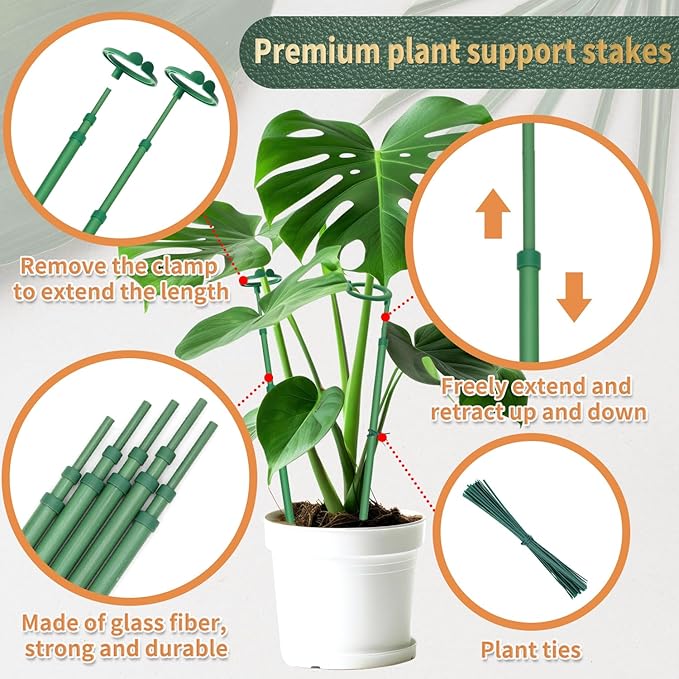 Telescoping Plant Stakes, 3Pcs 17.9In to 42.3In Adjustable Monstera Plant Support Orchid Sticks with Clips, Plant Sticks Support Tall for Monstera, Orchids, Tomatoes, Vines & Indoor Outdoor Plants
