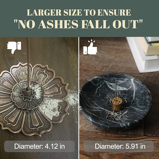 Koville Natural Marble Incense Holder, Incense Holder for Sticks with 9 Holes, Handmade Incense Burner Ash Catcher for Meditation Yoga SPA, Balsam Fir/Palo Santo/Sage/Cone (Green)