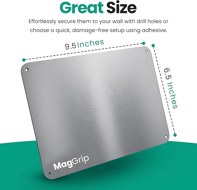 9 inches x 6.5 inches Stainless Steel Plate for Magnets, 3M Adhesive Back, Mounting Screws, Ideal for Magnetic Shelf, Spice Holders, Colorful Magnets as a Gift. Mount Anywhere! (Silver, 2 Pack)