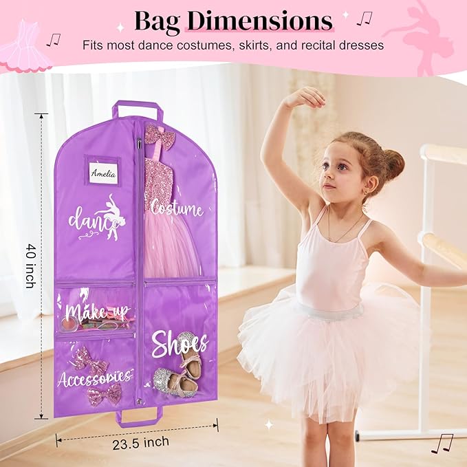 DEEKA Dance Garment Bag for Hanging Clothes with Zipper Pockets Dance Accessories Essentials Uniform Costume 40 Inch Dress Bags for Dance Competition Girls (Purple, White-Dance)