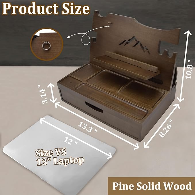 Nightstand Organizer for Men with Large Drawer, Birthday Gifts for Men, Phone Docking Station, Bedside Organizer for Nightstand for Apple Watch, Laptop (Brown, Solid Wood)