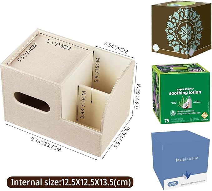 Leather Square Tissue Box Cover with Storage Tray,Cube Tissue Box Holder,Modern Facial Paper Organizer with Remote Control Holder for Bathroom,Vanity Countertop,End Table NightStand Home Office.Beige