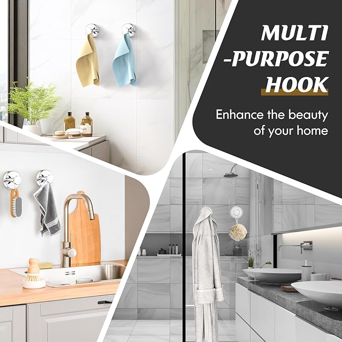 Suction Cup Hooks for Shower,Removable Shower Towel Suction Hooks for Bathroom Wall,Kitchen,Glass,Mirror,Tile to Hang Robes,Loofah-Chrome(4-Pack)