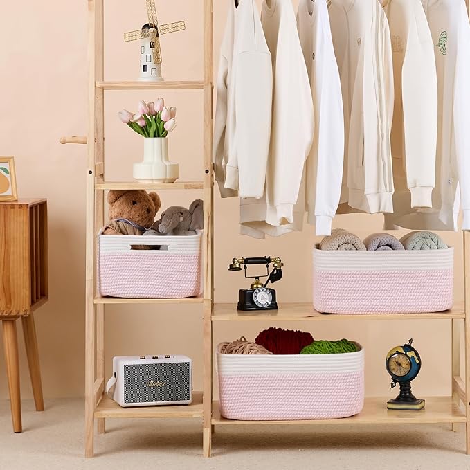 MiniArk Large Storage Baskets for Shelves, Closet Organizers Bins for Clothes Blanket Towels, Baby Nursery, Toy Baskets Box, Woven Rope Baskets, 17 x 13 x 7.5”, 2 Packs Woven Pink