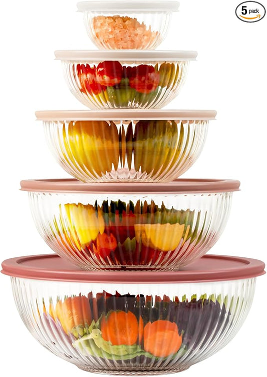Glass Mixing Bowls with Lids Sets, 5 Packs Glass Bowls with Lids for Kitchen Baking, Meal Prepping and Salad, Bpa Free and Dishwasher Safe Serving Bowls, 0.2/0.5/1.1/2.1/3.7Qt