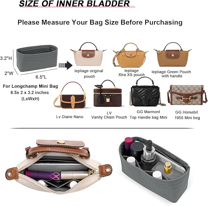 Felt Mini Organizer Insert for Longchamp mini XS Bag, Purse Organizer Insert For Handbag (LightGrey)