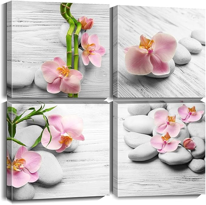 Biufo Zen Stones Canvas Wall Art Prints Floral Picture Artwork for Bathroom Bedroom Yoga Spa Room Decor (12"x12"-4Pcs, Grey)