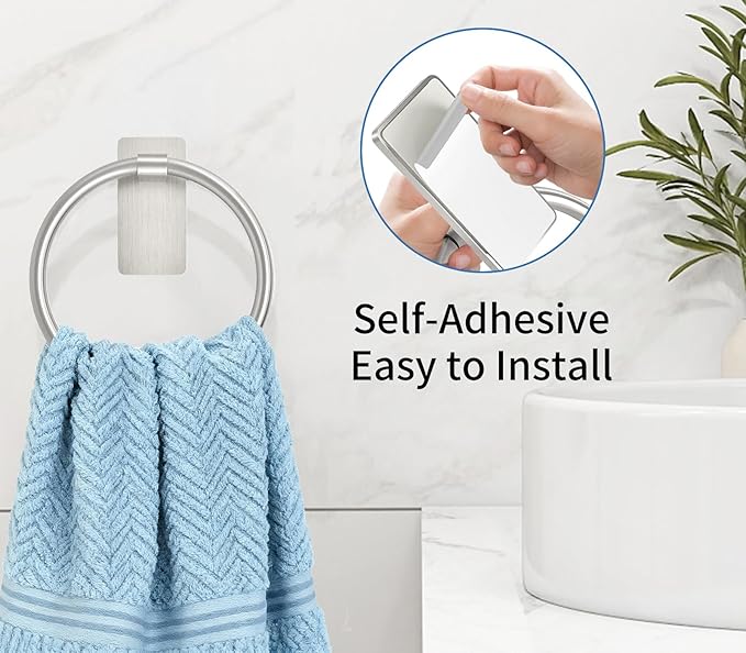 Brushed Nickel Towel Ring, Hand Towel Holder for Bathroom, Self Adhesive Hand Towel Rings for Bath, Kitchen, RV, No Drill Hole