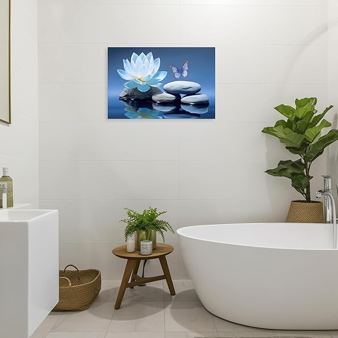 ARTZGX Blue Zen Wall Art Lotus Flower Canvas Spa Stone Pictures for Bathroom Wall Decor Meditation Butterfly Painting Frame(Zen - A 16.00" x 24.00")