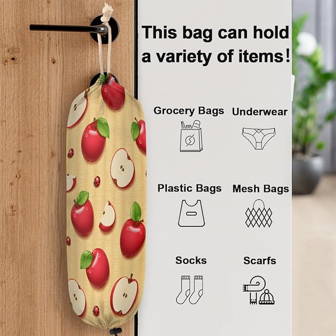 Pardick Plastic Bag Holder Red Apples Wall Mount Grocery Bag Holder Wasgable Plastic Bag Dispenser Garbage Bag Organizer for Home Kitchen Decor, Gifts for Women Mom Family Friends