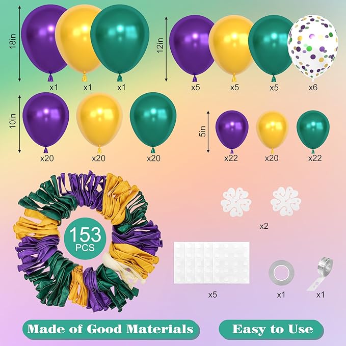 Amandir 153pcs Mardi Decorations Gras Balloons Arch Garland Kit, Different Sizes 18 12 10 5inch Pearl Purple Green Gold Confetti Mardi Balloons for Gras Fat Tuesday Carnival Birthday Party Supplies