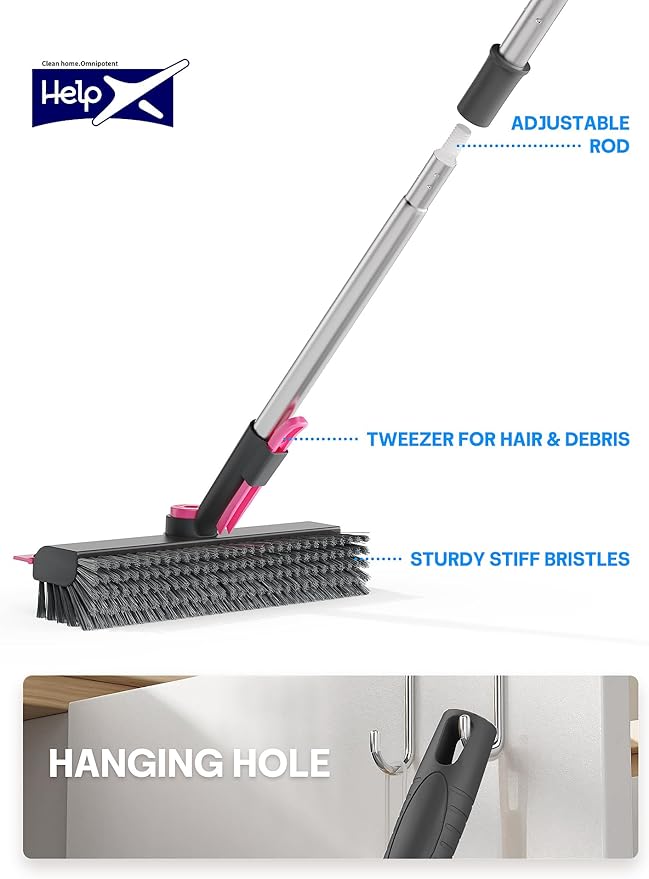 HelpX Floor Scrub Brush with Long Handle, 3 in 1 Multi-angle Swivel Right Angled Bristle Floor Scrubber Brush with Squeegee and Tweezer for Tile Wall Deck Bathroom Patio Garage Kitchen (Pink and Grey)