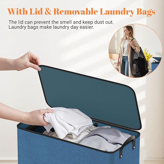 Large Double Laundry Hamper with Lid, Removable Bags & Reinforced Handles, 2 Section Tall Laundry Basket, Dirty Clothes Hampers for Laundry Room, Bedroom, Bathroom, Dorm, 155L, Blue