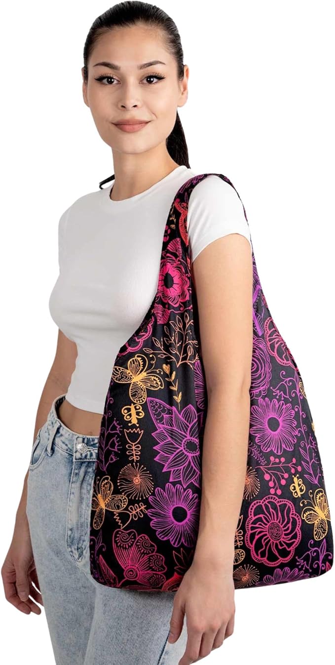 Nanobag Ultralight Foldable Tote for Women & Men, Reusable Grocery & Travel Bag, Packable Collapsible Compact Market Essential (Standard Neon Flowers)