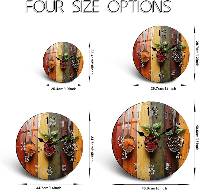 Spice Wall Clock 12 Inch, Vintage Wooden Silent Non Ticking Analog Wall Clock Battery Operated, Decorative Wall Clocks for Bathroom Kitchen Living Room Wall Décor