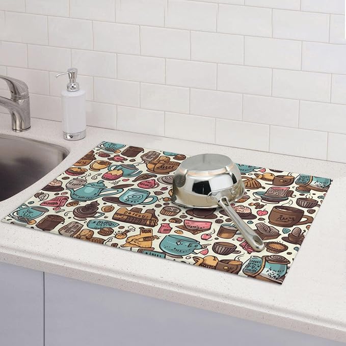 Coffee Cups Dish Drying Mat for Kitchen Counter Decor 18x24 Inch Floral Absorbent Reversible Microfiber Dish Drying Pad Flower Dish Drainer Rack Mats for Coffee Bar