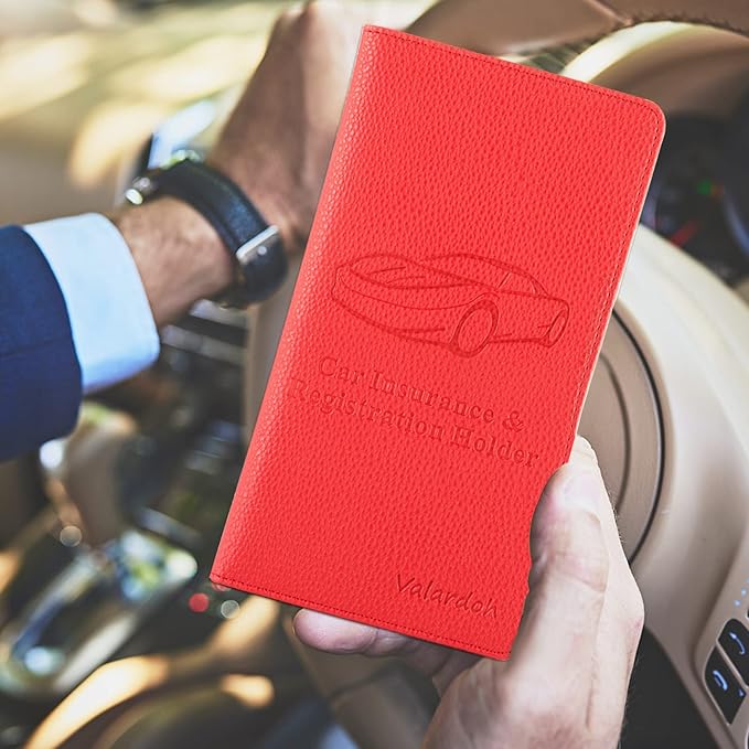 Valardoh Premium Car Registration and Insurance Card Holder, Car Document Holder for Cards, Driver License & other Essential Documents (Red)