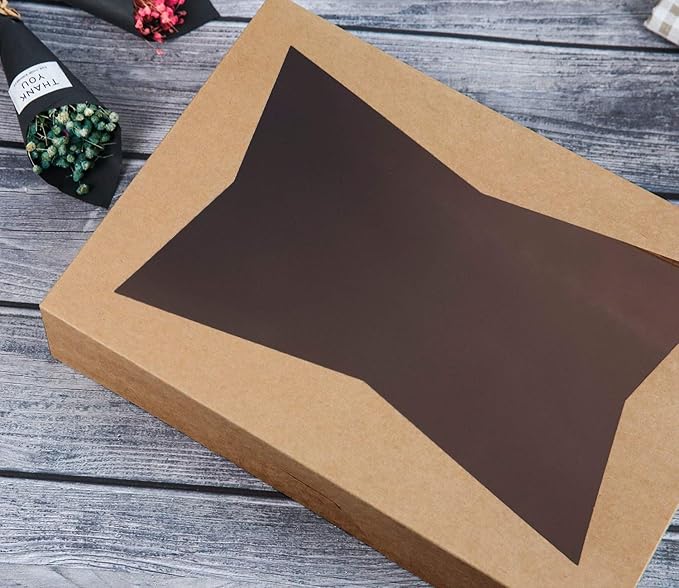 ONE MORE [15-Pack] 14 x10 x 3inch Brown Paperboard Lock Corner Window Bakery Cookie Boxes, Large Container with PVC Windows for Pie and Cookie Box