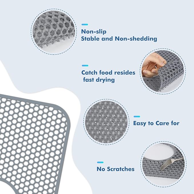 Silicone Kitchen Sink Protector Mat with Rear Drain - 13.58''x 11.6'' Kitchen Sink Accessory, Folding Non-Slip Heat Resistant Mat Grid for Bottom of Stainless Steel Porcelain (Rear Hole)