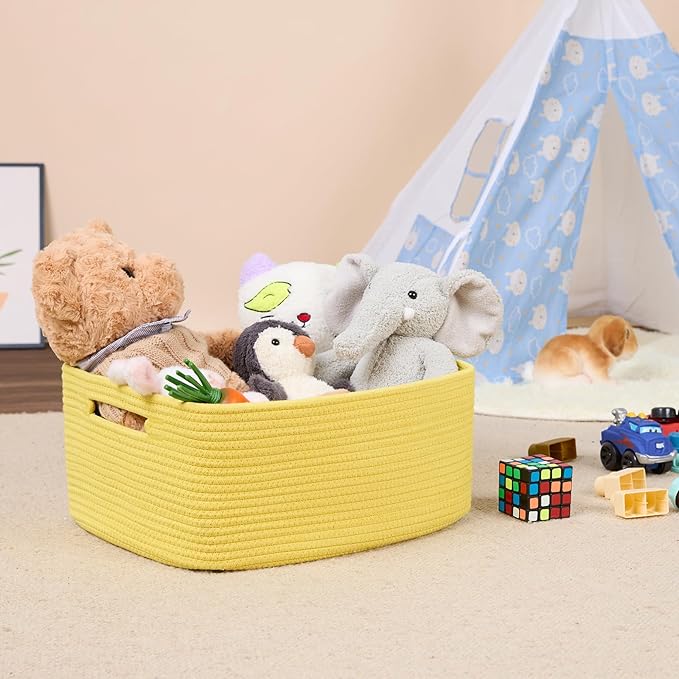 MiniArk Large Storage Baskets for Shelves, Closet Organizer Bins for Clothes, Blanket, Towels, Baby Nursery, Toy Box, Woven Rope Baskets, 17 x 13 x 7.5”, 2 Packs Yellow