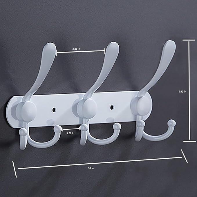 Coat Rack Wall Mounted,3 Tri Stainless Steel Coat Hook for Coat Hat Robes Towel in Mudroom Entryway (White, 2 Pack 3 Hook)