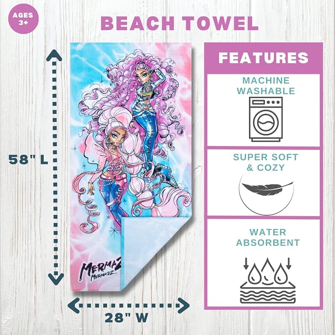 Mermaze Super Soft Cotton Bath/Pool/Beach Towel, 58 in x 28 in, (Official Mermaze Product) by Franco