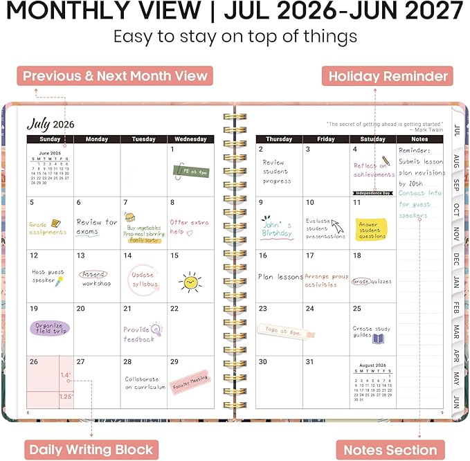 Academic Planner 2026-2027, Weekly and Monthly Calendar Book, July 2026 – June 2027, Hardcover Planner with Tabs, Perfect for Teachers, Students, Women & Men, A5 (6.4" x 8.5") - Cat