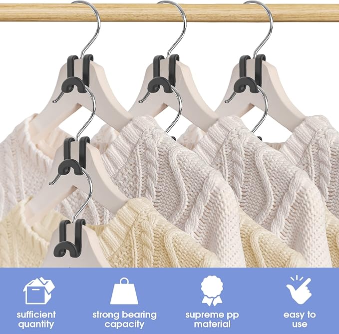 Besslly 100Pcs Space Saving Hanger Hooks, Plastic Clothes Hanger Connector Hooks, Heavy Duty Space Saver Hanger Extender Clips for Closet Organizers, Black